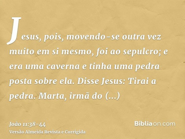 Jesus, pois, movendo-se outra vez muito em si mesmo, foi ao sepulcro; e era uma caverna e tinha uma pedra posta sobre ela.Disse Jesus: Tirai a pedra. Marta, irm