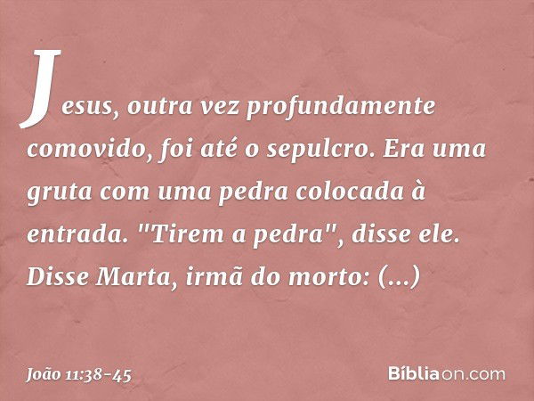 Jesus, outra vez profundamente comovido, foi até o sepulcro. Era uma gruta com uma pedra colocada à entrada. "Tirem a pedra", disse ele.
Disse Marta, irmã do mo