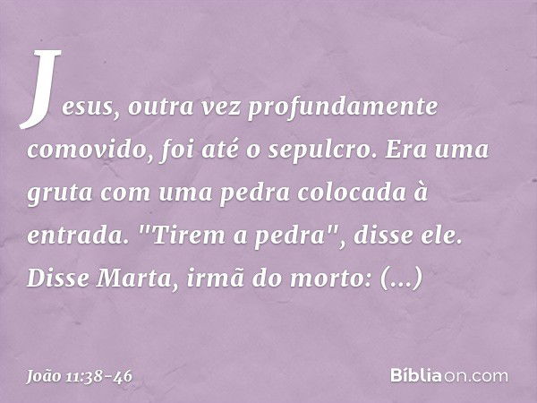 Jesus, outra vez profundamente comovido, foi até o sepulcro. Era uma gruta com uma pedra colocada à entrada. "Tirem a pedra", disse ele.
Disse Marta, irmã do mo