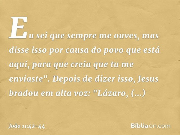 Eu sei que sempre me ouves, mas disse isso por causa do povo que está aqui, para que creia que tu me enviaste". Depois de dizer isso, Jesus bradou em alta voz: 