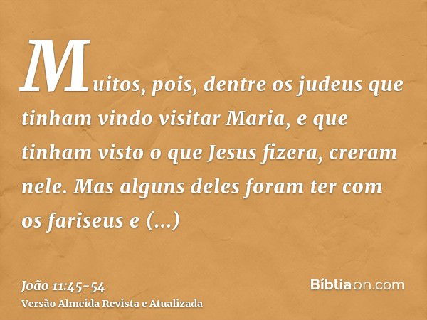 Muitos, pois, dentre os judeus que tinham vindo visitar Maria, e que tinham visto o que Jesus fizera, creram nele.Mas alguns deles foram ter com os fariseus e d