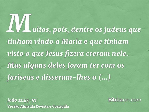 Muitos, pois, dentre os judeus que tinham vindo a Maria e que tinham visto o que Jesus fizera creram nele.Mas alguns deles foram ter com os fariseus e disseram-