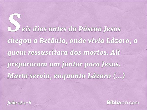 Seis dias antes da Páscoa Jesus chegou a Betânia, onde vivia Lázaro, a quem ressuscitara dos mortos. Ali prepararam um jantar para Jesus. Marta servia, enquanto