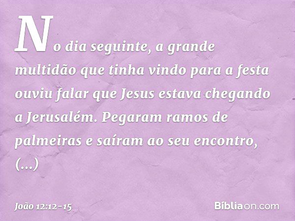 No dia seguinte, a grande multidão que tinha vindo para a festa ouviu falar que Jesus estava chegando a Jerusalém. Pegaram ramos de palmeiras e saíram ao seu en