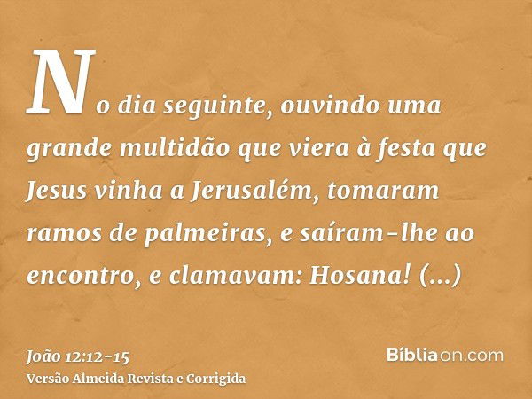 No dia seguinte, ouvindo uma grande multidão que viera à festa que Jesus vinha a Jerusalém,tomaram ramos de palmeiras, e saíram-lhe ao encontro, e clamavam: Hos