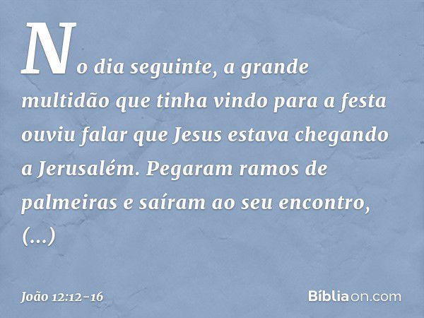 No dia seguinte, a grande multidão que tinha vindo para a festa ouviu falar que Jesus estava chegando a Jerusalém. Pegaram ramos de palmeiras e saíram ao seu en