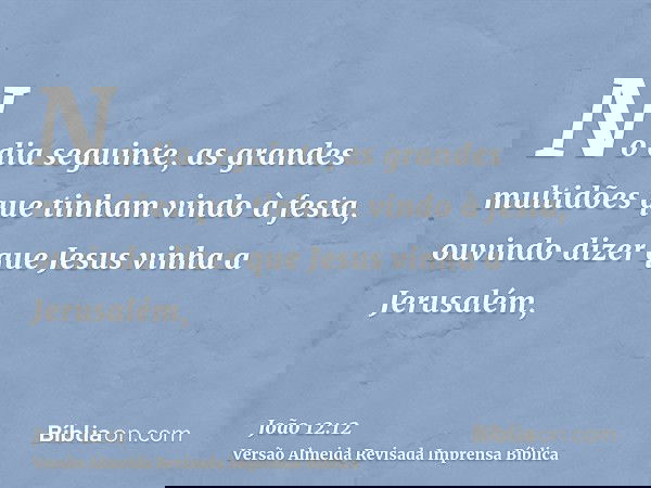 No dia seguinte, as grandes multidões que tinham vindo à festa, ouvindo dizer que Jesus vinha a Jerusalém,