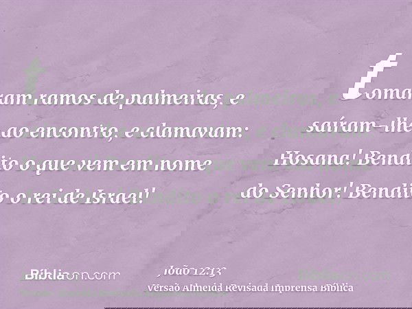 tomaram ramos de palmeiras, e saíram-lhe ao encontro, e clamavam: Hosana! Bendito o que vem em nome do Senhor! Bendito o rei de Israel!