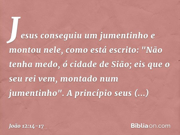 Jesus conseguiu um jumentinho e montou nele, como está escrito: "Não tenha medo,
ó cidade de Sião;
eis que o seu rei vem,
montado num jumentinho". A princípio s