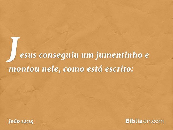 Jesus conseguiu um jumentinho e montou nele, como está escrito: -- João 12:14