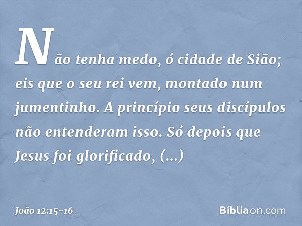 "Não tenha medo,
ó cidade de Sião;
eis que o seu rei vem,
montado num jumentinho". A princípio seus discípulos não entenderam isso. Só depois que Jesus foi glor