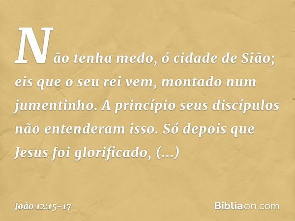 "Não tenha medo,
ó cidade de Sião;
eis que o seu rei vem,
montado num jumentinho". A princípio seus discípulos não entenderam isso. Só depois que Jesus foi glor