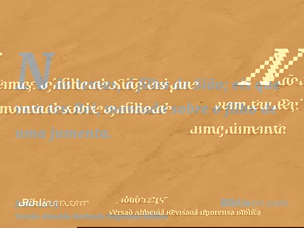 Não temas, ó filha de Sião; eis que vem teu Rei, montado sobre o filho de uma jumenta.