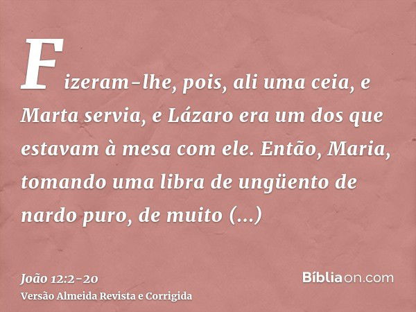 Fizeram-lhe, pois, ali uma ceia, e Marta servia, e Lázaro era um dos que estavam à mesa com ele.Então, Maria, tomando uma libra de ungüento de nardo puro, de mu