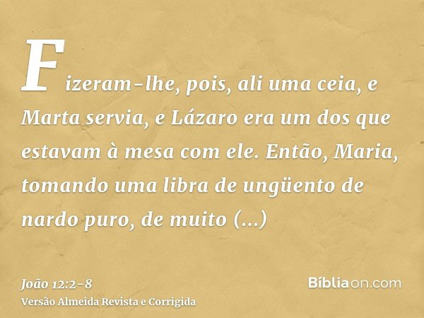 Fizeram-lhe, pois, ali uma ceia, e Marta servia, e Lázaro era um dos que estavam à mesa com ele.Então, Maria, tomando uma libra de ungüento de nardo puro, de mu