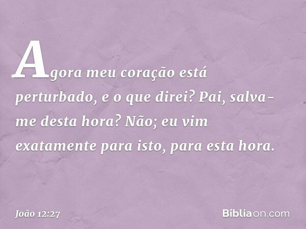 Agora meu coração está perturbado, e o que direi? Pai, salva-me desta hora? Não; eu vim exatamente para isto, para esta hora. -- João 12:27