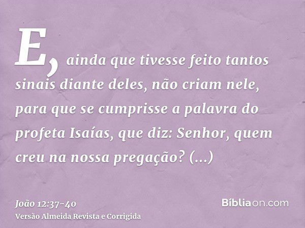 E, ainda que tivesse feito tantos sinais diante deles, não criam nele,para que se cumprisse a palavra do profeta Isaías, que diz: Senhor, quem creu na nossa pre