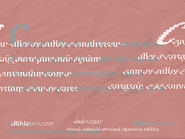 Cegou-lhes os olhos e endureceu-lhes o coração, para que não vejam com os olhos e entendam com o coração, e se convertam, e eu os cure.