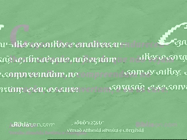 Cegou-lhes os olhos e endureceu-lhes o coração, a fim de que não vejam com os olhos, e compreendam no coração, e se convertam, e eu os cure.