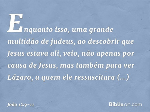 Enquanto isso, uma grande multidão de judeus, ao descobrir que Jesus estava ali, veio, não apenas por causa de Jesus, mas também para ver Lázaro, a quem ele res