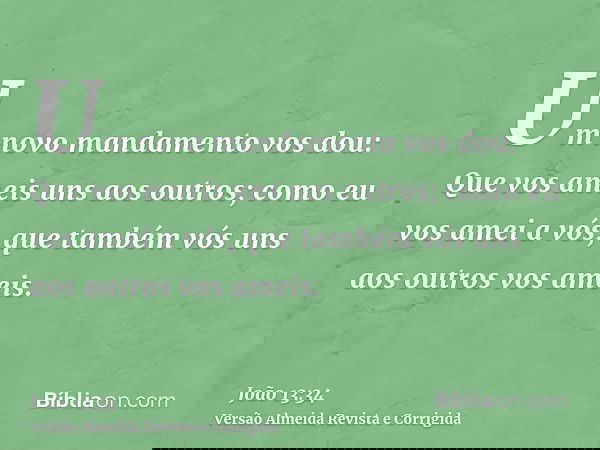 Um novo mandamento vos dou: Que vos ameis uns aos outros; como eu vos amei a vós, que também vós uns aos outros vos ameis.