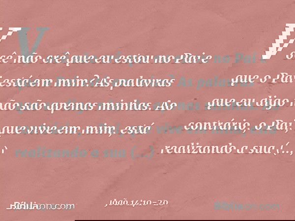 Você não crê que eu estou no Pai e que o Pai está em mim? As palavras que eu digo não são apenas minhas. Ao contrário, o Pai, que vive em mim, está realizando a