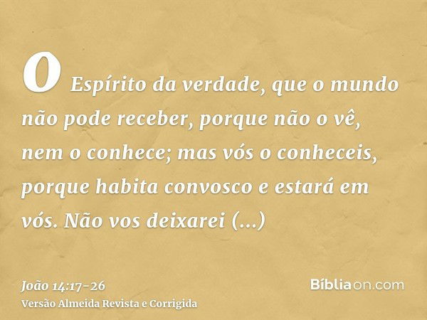 o Espírito da verdade, que o mundo não pode receber, porque não o vê, nem o conhece; mas vós o conheceis, porque habita convosco e estará em vós.Não vos deixare