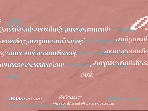o Espírito da verdade, que o mundo não pode receber, porque não o vê, nem o conhece; mas vós o conheceis, porque habita convosco e estará em vós.