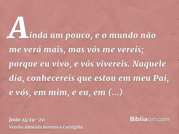 Ainda um pouco, e o mundo não me verá mais, mas vós me vereis; porque eu vivo, e vós vivereis.Naquele dia, conhecereis que estou em meu Pai, e vós, em mim, e eu