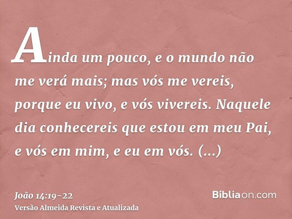 Ainda um pouco, e o mundo não me verá mais; mas vós me vereis, porque eu vivo, e vós vivereis.Naquele dia conhecereis que estou em meu Pai, e vós em mim, e eu e