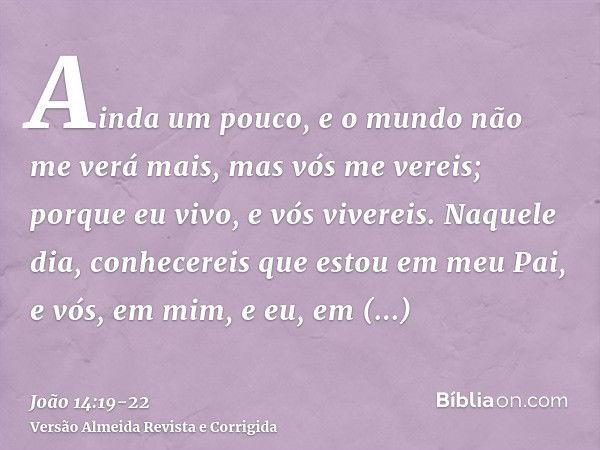 Ainda um pouco, e o mundo não me verá mais, mas vós me vereis; porque eu vivo, e vós vivereis.Naquele dia, conhecereis que estou em meu Pai, e vós, em mim, e eu