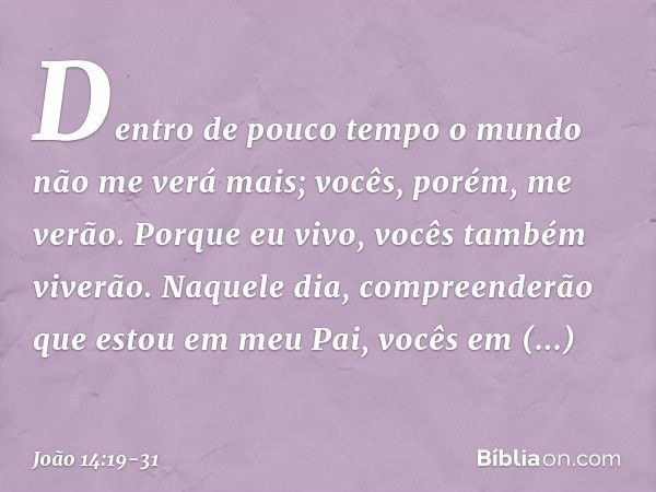 Dentro de pouco tempo o mundo não me verá mais; vocês, porém, me verão. Porque eu vivo, vocês também viverão. Naquele dia, compreenderão que estou em meu Pai, v