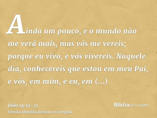 Ainda um pouco, e o mundo não me verá mais, mas vós me vereis; porque eu vivo, e vós vivereis.Naquele dia, conhecereis que estou em meu Pai, e vós, em mim, e eu