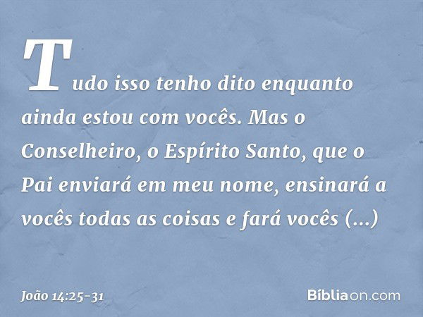 "Tudo isso tenho dito enquanto ainda estou com vocês. Mas o Conselheiro, o Espírito Santo, que o Pai enviará em meu nome, ensinará a vocês todas as coisas e far