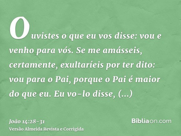 Ouvistes o que eu vos disse: vou e venho para vós. Se me amásseis, certamente, exultaríeis por ter dito: vou para o Pai, porque o Pai é maior do que eu.Eu vo-lo