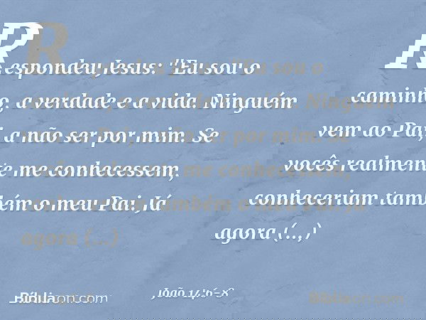 Respondeu Jesus: "Eu sou o caminho, a verdade e a vida. Ninguém vem ao Pai, a não ser por mim. Se vocês realmente me conhecessem, conheceriam também o meu Pai.