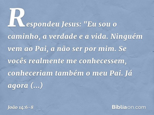 Respondeu Jesus: "Eu sou o caminho, a verdade e a vida. Ninguém vem ao Pai, a não ser por mim. Se vocês realmente me conhecessem, conheceriam também o meu Pai. 