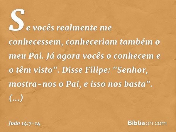 Se vocês realmente me conhecessem, conheceriam também o meu Pai. Já agora vocês o conhecem e o têm visto". Disse Filipe: "Senhor, mostra-nos o Pai, e isso nos b