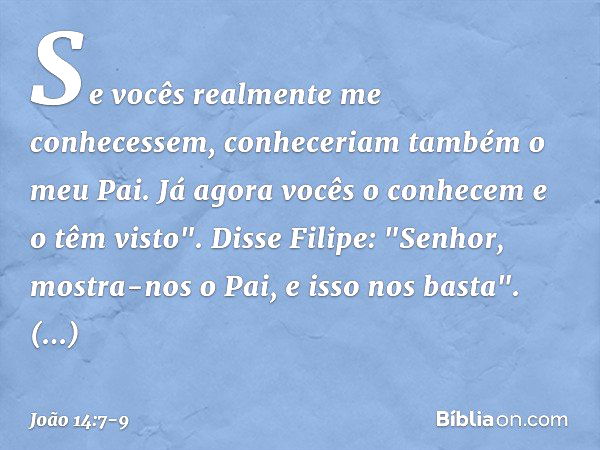 Se vocês realmente me conhecessem, conheceriam também o meu Pai. Já agora vocês o conhecem e o têm visto". Disse Filipe: "Senhor, mostra-nos o Pai, e isso nos b