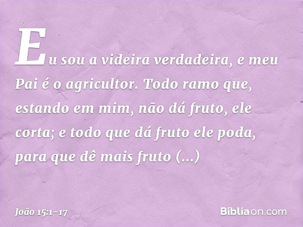 "Eu sou a videira verdadeira, e meu Pai é o agricultor. Todo ramo que, estando em mim, não dá fruto, ele corta; e todo que dá fruto ele poda, para que dê mais f