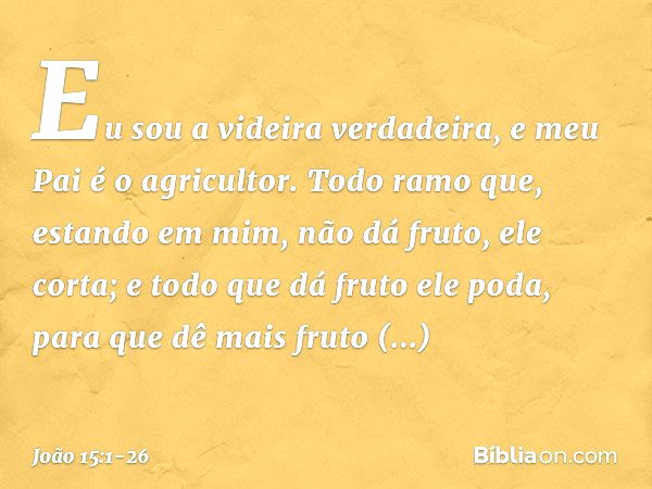 "Eu sou a videira verdadeira, e meu Pai é o agricultor. Todo ramo que, estando em mim, não dá fruto, ele corta; e todo que dá fruto ele poda, para que dê mais f