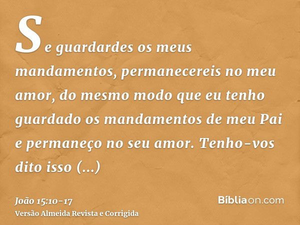 Se guardardes os meus mandamentos, permanecereis no meu amor, do mesmo modo que eu tenho guardado os mandamentos de meu Pai e permaneço no seu amor.Tenho-vos di