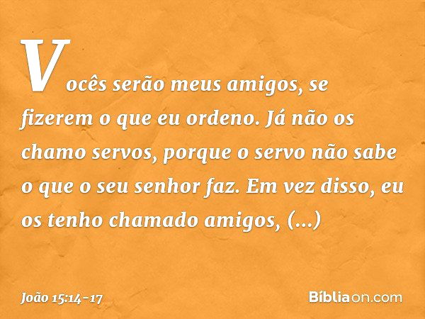 Vocês serão meus amigos, se fizerem o que eu ordeno. Já não os chamo servos, porque o servo não sabe o que o seu senhor faz. Em vez disso, eu os tenho chamado a