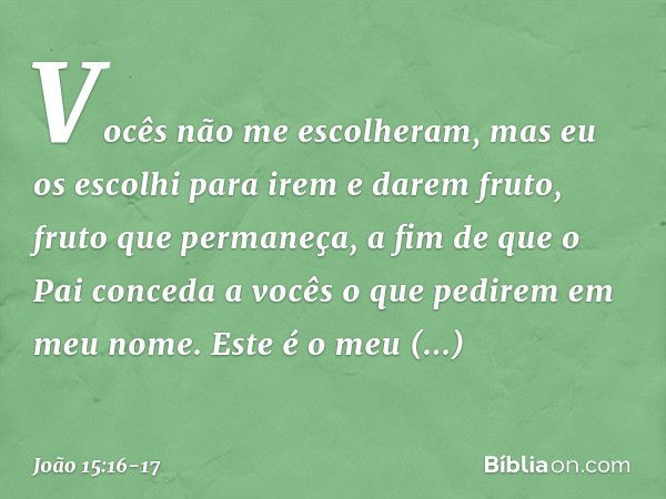 Vocês não me escolheram, mas eu os escolhi para irem e darem fruto, fruto que permaneça, a fim de que o Pai conceda a vocês o que pedirem em meu nome. Este é o 