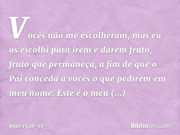 Vocês não me escolheram, mas eu os escolhi para irem e darem fruto, fruto que permaneça, a fim de que o Pai conceda a vocês o que pedirem em meu nome. Este é o 