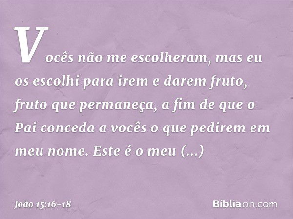 Vocês não me escolheram, mas eu os escolhi para irem e darem fruto, fruto que permaneça, a fim de que o Pai conceda a vocês o que pedirem em meu nome. Este é o 