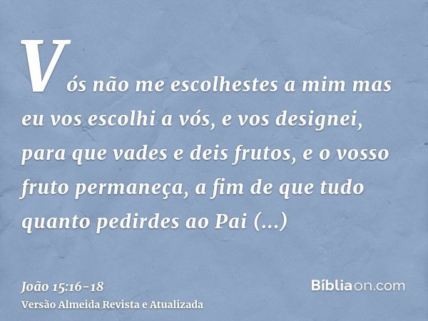 Vós não me escolhestes a mim mas eu vos escolhi a vós, e vos designei, para que vades e deis frutos, e o vosso fruto permaneça, a fim de que tudo quanto pedirde