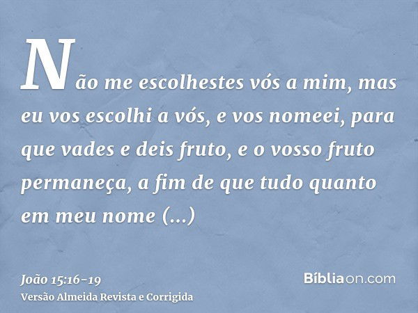 Não me escolhestes vós a mim, mas eu vos escolhi a vós, e vos nomeei, para que vades e deis fruto, e o vosso fruto permaneça, a fim de que tudo quanto em meu no