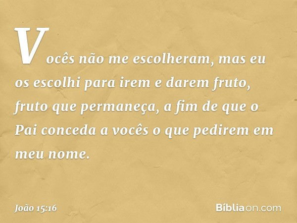 Vocês não me escolheram, mas eu os escolhi para irem e darem fruto, fruto que permaneça, a fim de que o Pai conceda a vocês o que pedirem em meu nome. -- João 1