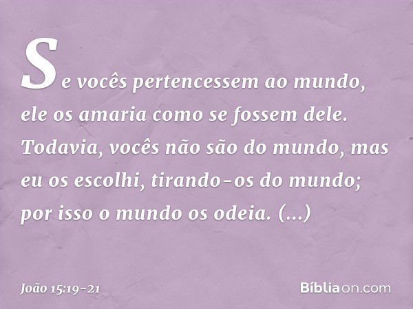 Se vocês pertencessem ao mundo, ele os amaria como se fossem dele. Todavia, vocês não são do mundo, mas eu os escolhi, tirando-os do mundo; por isso o mundo os 